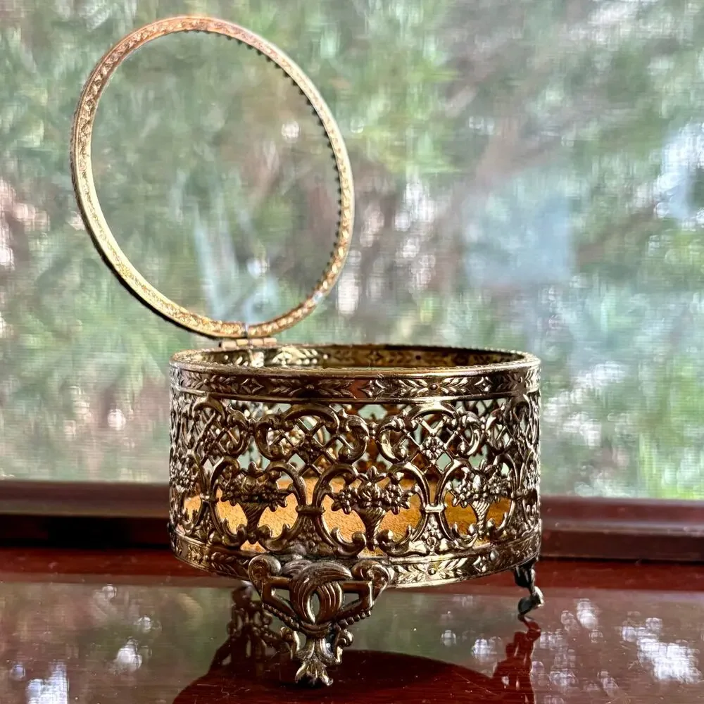 Vintage Gold Filigree Jewelry Casket Footed Trinket Box with Glass Lid